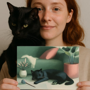 Cartão Postal Gato Preto Adormecido / Sonhos com Erva-Cidreira
