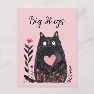 Cartão Postal Gato Preto Aquarela Floral Coração Rosa Abraços Gr