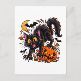 Cartão Postal Gato Preto Assustador e Abóbora de Halloween