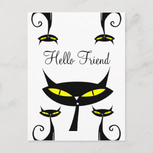 Cartão Postal Gato Preto Atômico Moderno de Meados do Século Olá