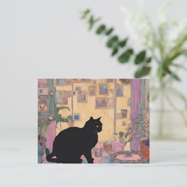 Cartão Postal gato preto bonito (Em pé/Frente)