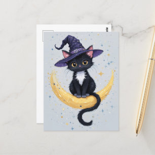 Cartão Postal Gato preto bonito no Dia das Bruxas de Lua Crescen