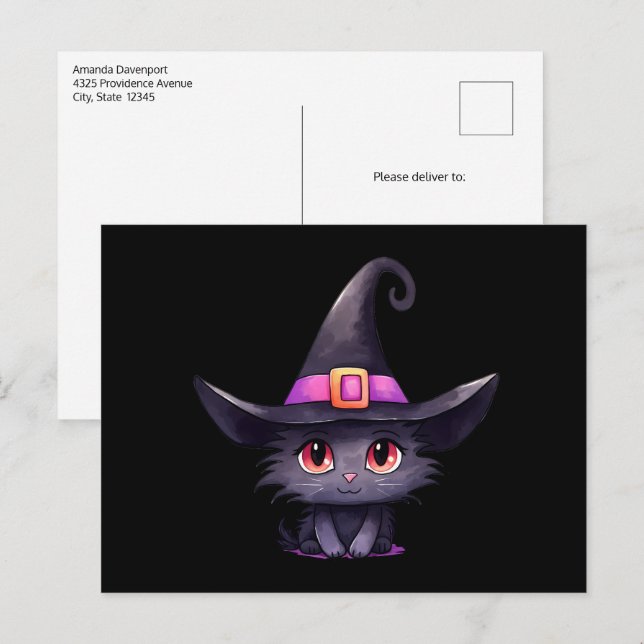Cartão Postal Gato preto bonito Vestindo chapéu de bruxa (Frente/Verso)