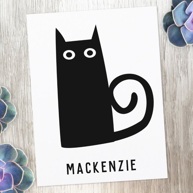 Cartão Postal Gato Preto Cinto Personalizado (Fun black cat custom name personalized postcard)