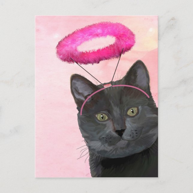 Cartão Postal Gato Preto com Anjo Rosa Halo (Frente)