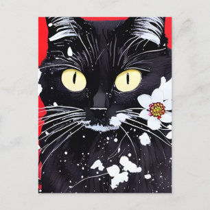 Cartão Postal Gato Preto Com Flores Brancas Fundo Vermelho