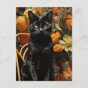 Cartão Postal Gato Preto Com Flores Laranja