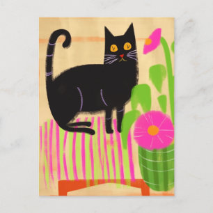 Cartão Postal Gato Preto Com Flores Rosa