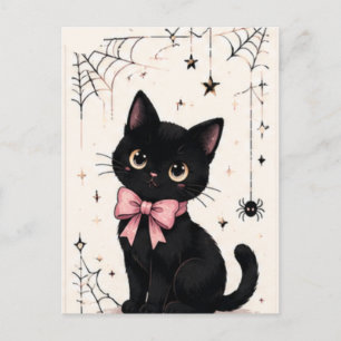 Cartão Postal Gato Preto com Laço Rosa Fofo Teia de Aranha