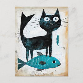 Cartão Postal Gato Preto com Peixe Azul
