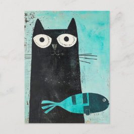 Cartão Postal Gato Preto com Peixe Turquesa
