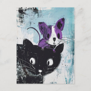 Cartão Postal Gato Preto com Rato Roxo na Cabeça