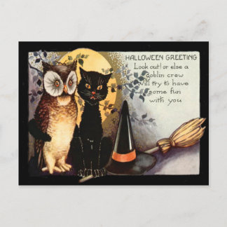 Cartão Postal Gato Preto Coruja Chapéu de Bruxa Lua Cheia Vassou