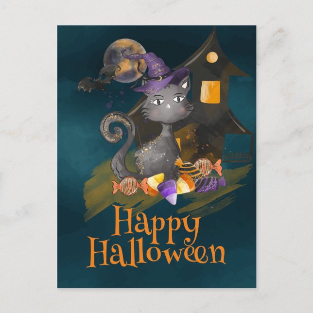 Cartão Postal Gato Preto de Aquarela com doces, Halloween (Frente)