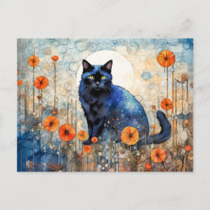 Cartão Postal Gato Preto de Aquarela no Campo de Pipoca