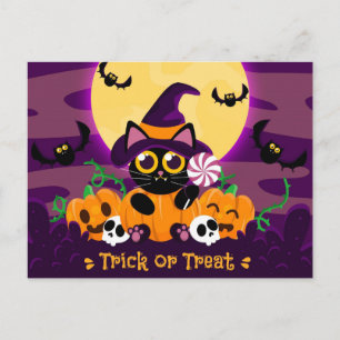 Cartão Postal Gato Preto de Doce ou Travessura, Abóboras, Caveir