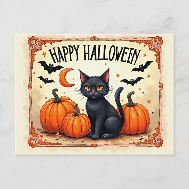 Cartão Postal Gato Preto de Halloween (Frente)