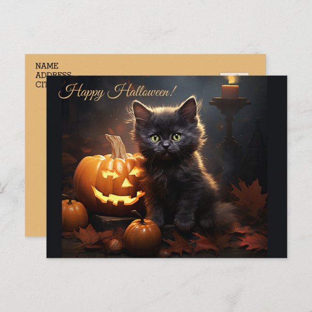 Cartão Postal Gato Preto de Halloween, Abóboras de Jack o Lanter (Frente/Verso)