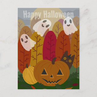 Cartão Postal Gato Preto de Halloween Fofo e Fantasmas Abóbora d