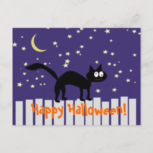 Cartão Postal Gato Preto de Halloween no Cerca