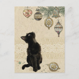 Cartão Postal Gato Preto de Natal Antigo Olhando para Enfeites