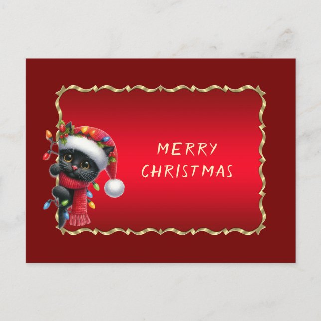 Cartão Postal Gato Preto de Natal Feriado (Frente)