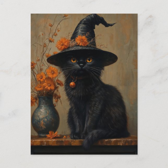 Cartão Postal Gato preto de vesícula branca no estilo de pintura (Frente)