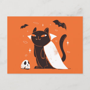 Cartão Postal Gato Preto Divertido de Vampiro para o Halloween