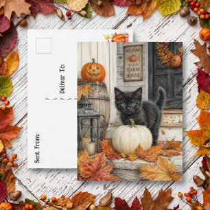 Cartão Postal Gato Preto e Abóbora Feliz Halloween