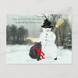 Cartão Postal Gato Preto e Boneco de Neve