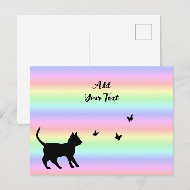 Cartão Postal Gato Preto e Borboleta no Arco-íris (Frente/Verso)