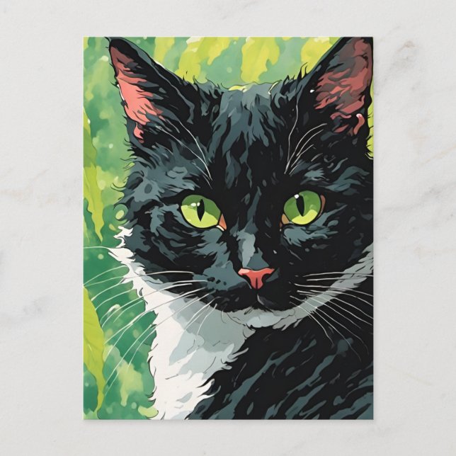 Cartão Postal Gato Preto e Branco Adorável (Frente)