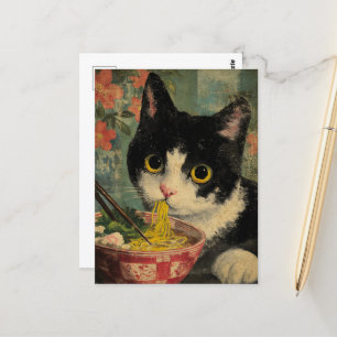 Cartão Postal Gato Preto e Branco Adorável Comendo Macarrão