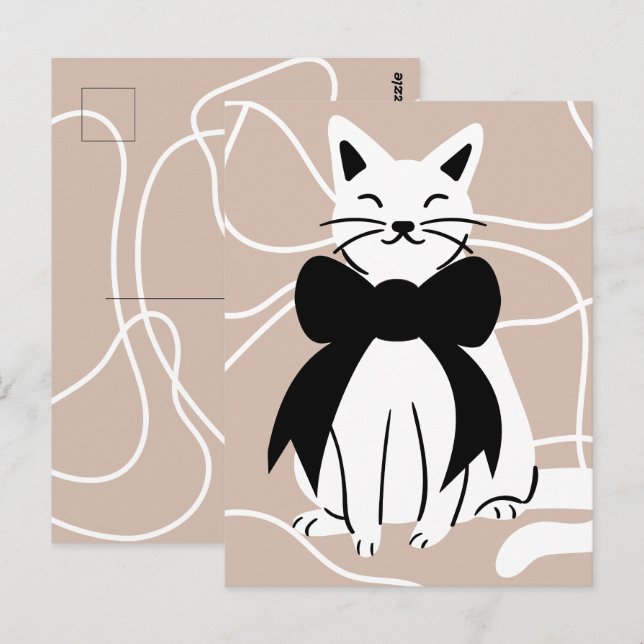 Cartão Postal Gato preto e branco com linha abstrata (Frente/Verso)