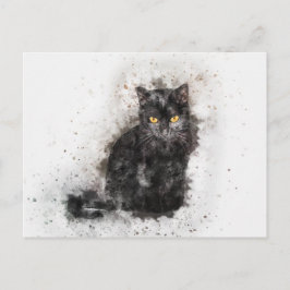 Cartão Postal Gato Preto e Branco em Aquarela
