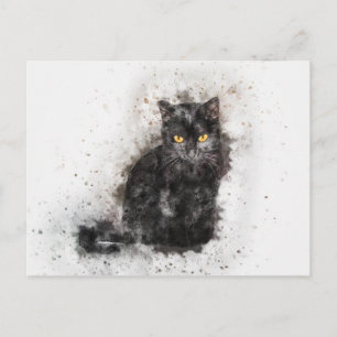Cartão Postal Gato Preto e Branco em Aquarela