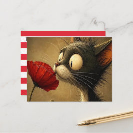 Cartão Postal Gato Preto e Branco Flor Vermelha Li