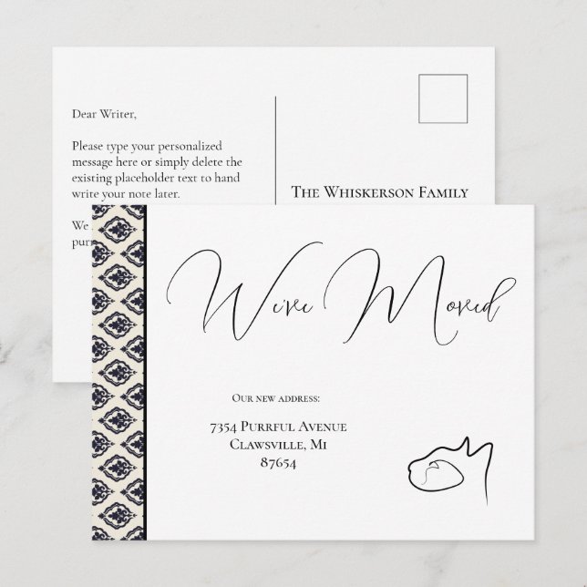 Cartão Postal Gato Preto e Branco Nós Mudamos, Mudança de Endere (Frente/Verso)