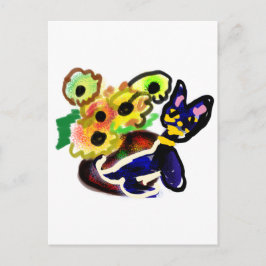 Cartão Postal Gato Preto e Girassóis 