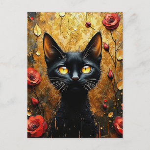 Cartão Postal Gato Preto e Rosas