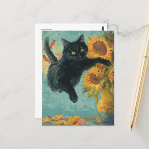 Cartão Postal Gato Preto e Vaso de Girassóis