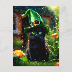 Cartão Postal Gato Preto em Chapéu de Bruxa Verde do Dia de São 