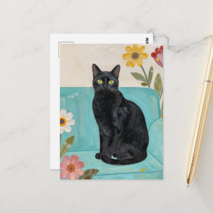 Cartão Postal Gato Preto em um Sofá Azul
