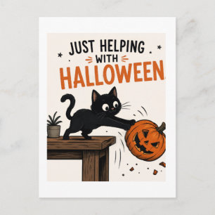 Cartão Postal Gato Preto Engraçado Derrubando Abóbora de Hallowe