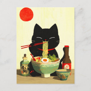 Cartão Postal Gato Preto Feliz Comendo Ramen   Ukiyo-e Japonês