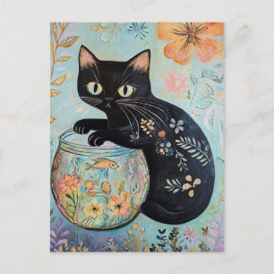 Cartão Postal Gato Preto Floral com Peixe Goldfish
