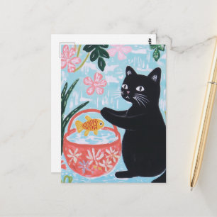 Cartão Postal Gato Preto Floral com Peixe Goldfish na Cesta