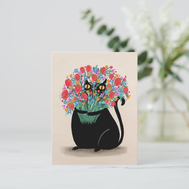 Cartão Postal Gato preto & flores (Em pé/Frente)