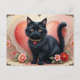 Cartão Postal Gato Preto Fofo com Flores