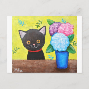 Cartão Postal Gato Preto Fofo Com Flores Arte Popular De Gato